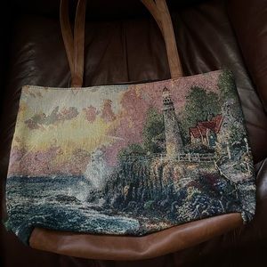 Thomas Kinkade purse, light brown faux leather, small/medium sized tote bag.